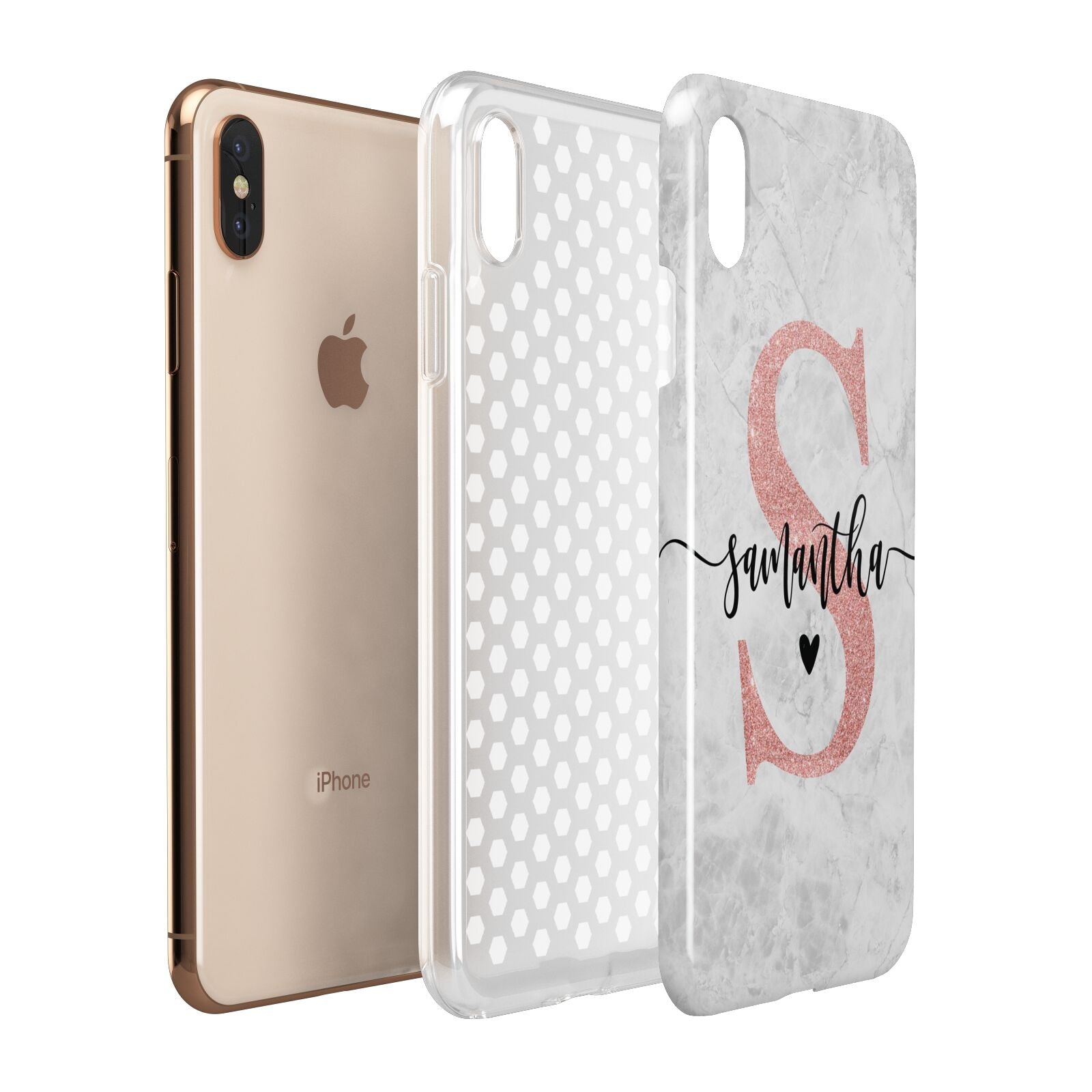 Grey Marble Personalised Pink Glitter Initial Apple iPhone Xs Max 3D Tough Case Expanded View