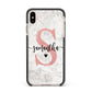 Grey Marble Personalised Pink Glitter Initial Apple iPhone Xs Max Impact Case Black Edge on Gold Phone