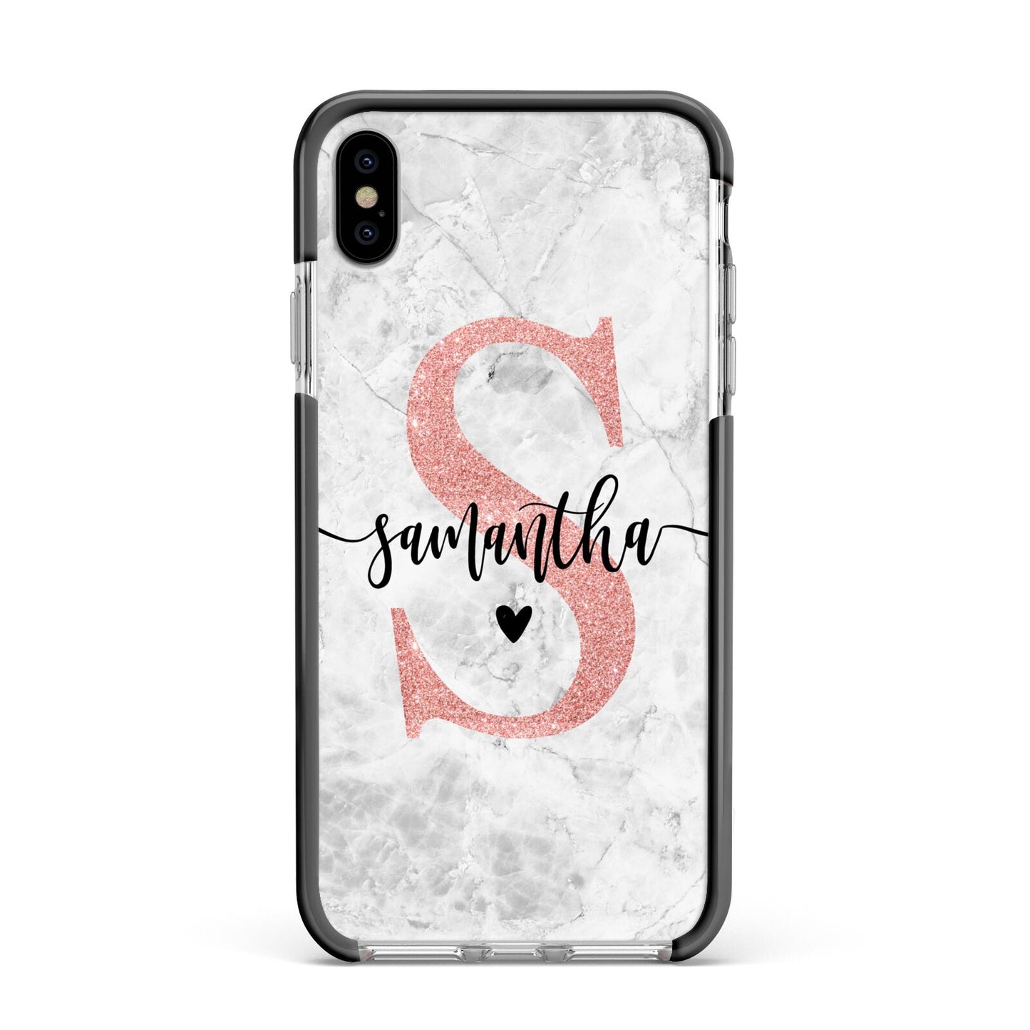 Grey Marble Personalised Pink Glitter Initial Apple iPhone Xs Max Impact Case Black Edge on Silver Phone