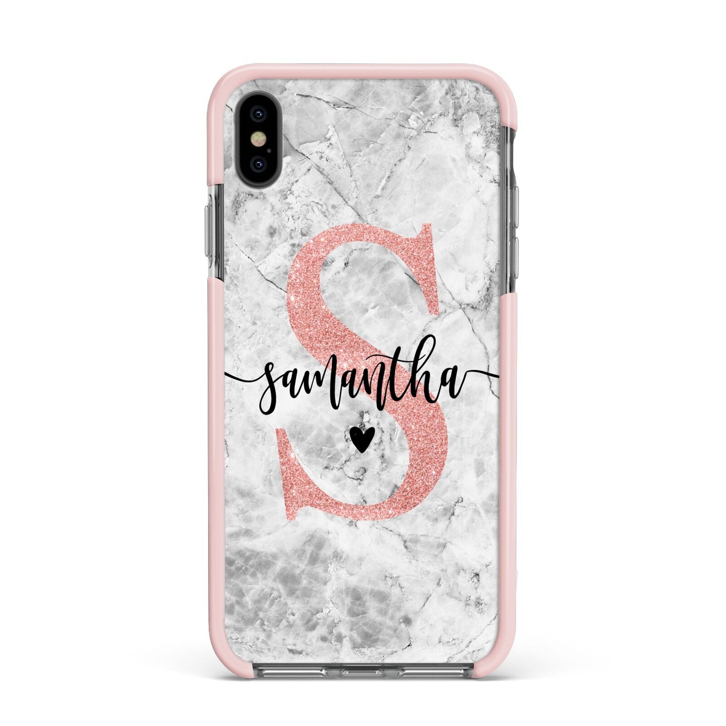 Grey Marble Personalised Pink Glitter Initial Apple iPhone Xs Max Impact Case Pink Edge on Black Phone