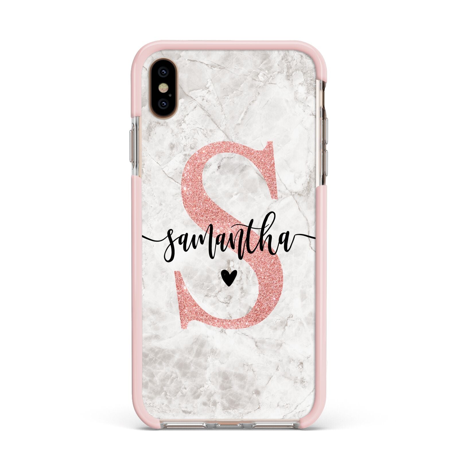 Grey Marble Personalised Pink Glitter Initial Apple iPhone Xs Max Impact Case Pink Edge on Gold Phone
