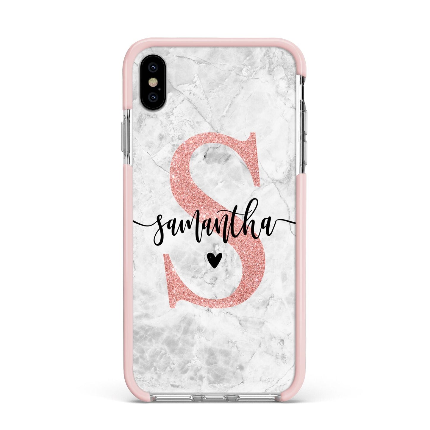 Grey Marble Personalised Pink Glitter Initial Apple iPhone Xs Max Impact Case Pink Edge on Silver Phone