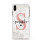 Grey Marble Personalised Pink Glitter Initial Apple iPhone Xs Max Impact Case White Edge on Gold Phone