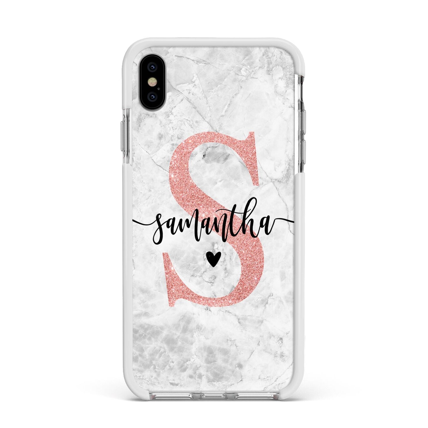 Grey Marble Personalised Pink Glitter Initial Apple iPhone Xs Max Impact Case White Edge on Silver Phone