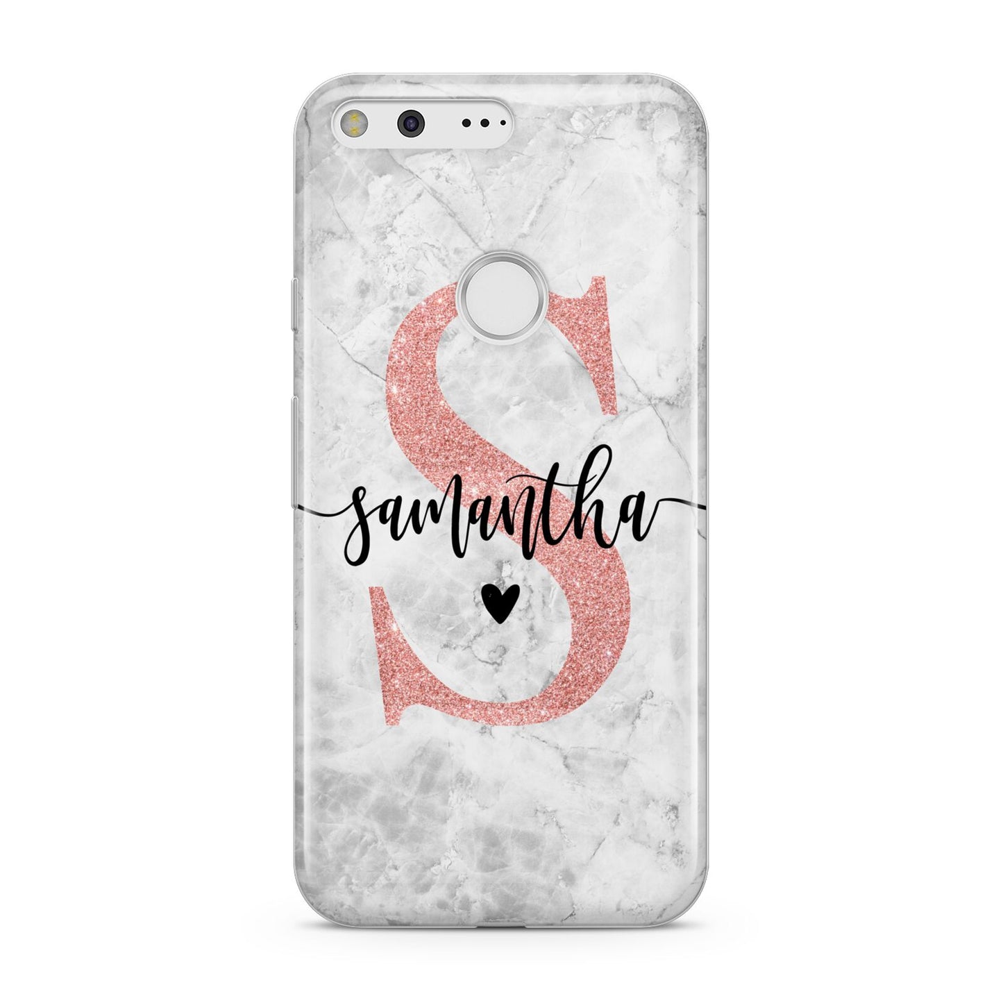 Grey Marble Personalised Pink Glitter Initial Google Pixel Case