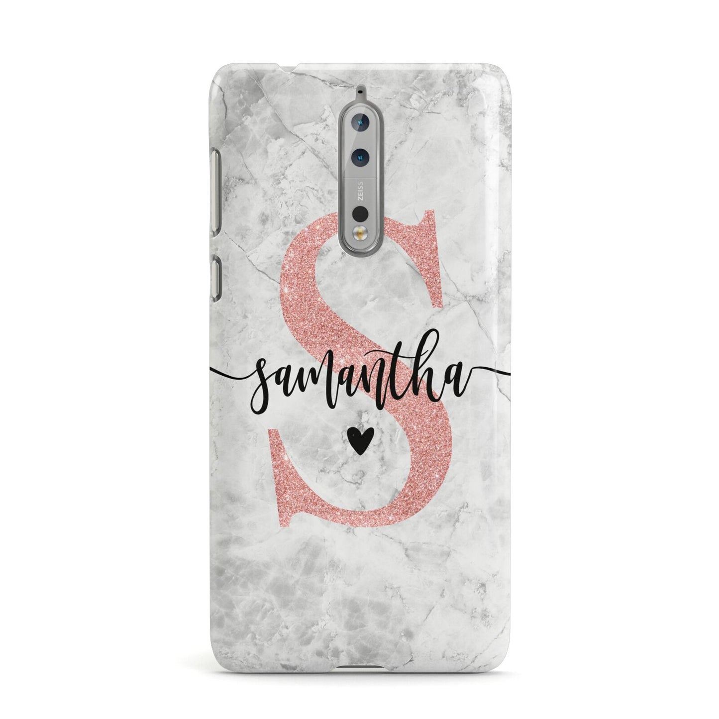 Grey Marble Personalised Pink Glitter Initial Nokia Case