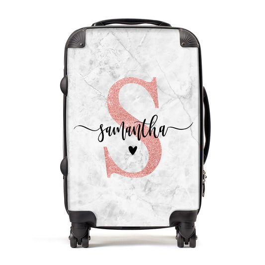 Grey Marble Personalised Pink Glitter Initial Suitcase