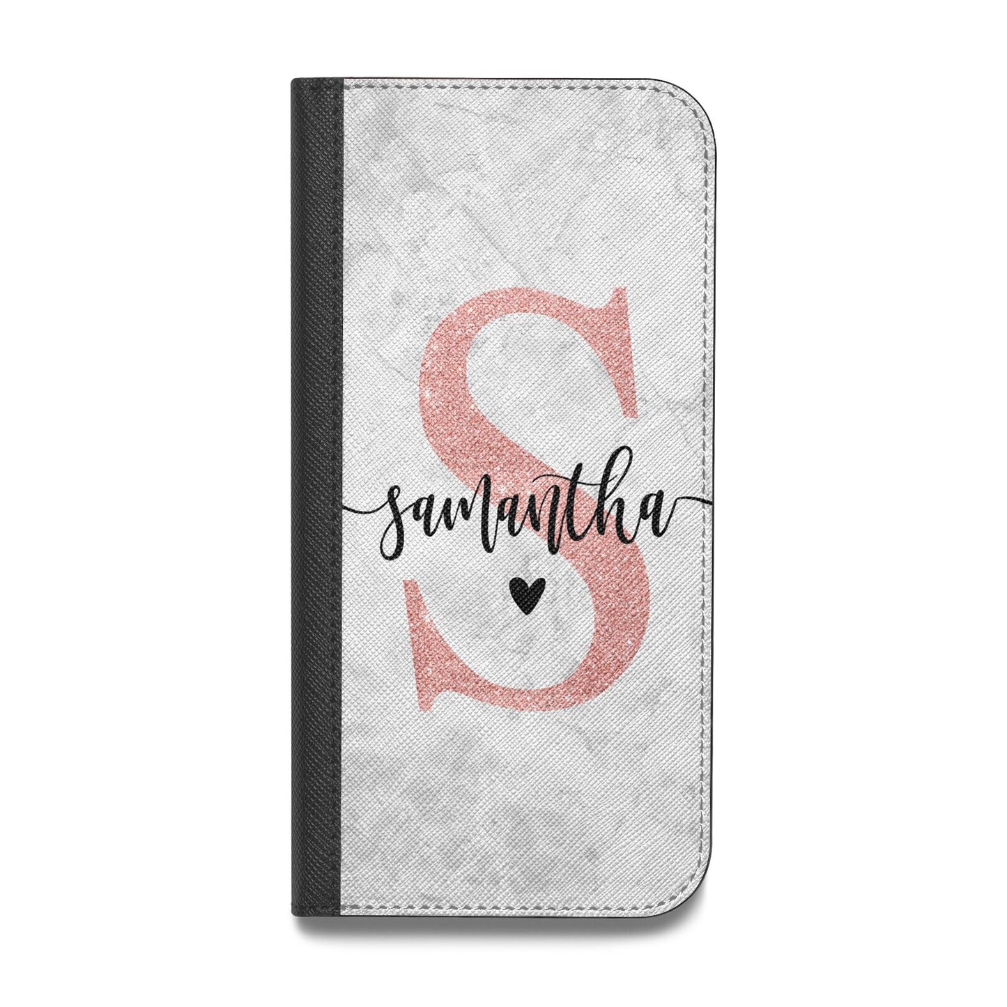 Grey Marble Personalised Pink Glitter Initial Vegan Leather Flip Samsung Case