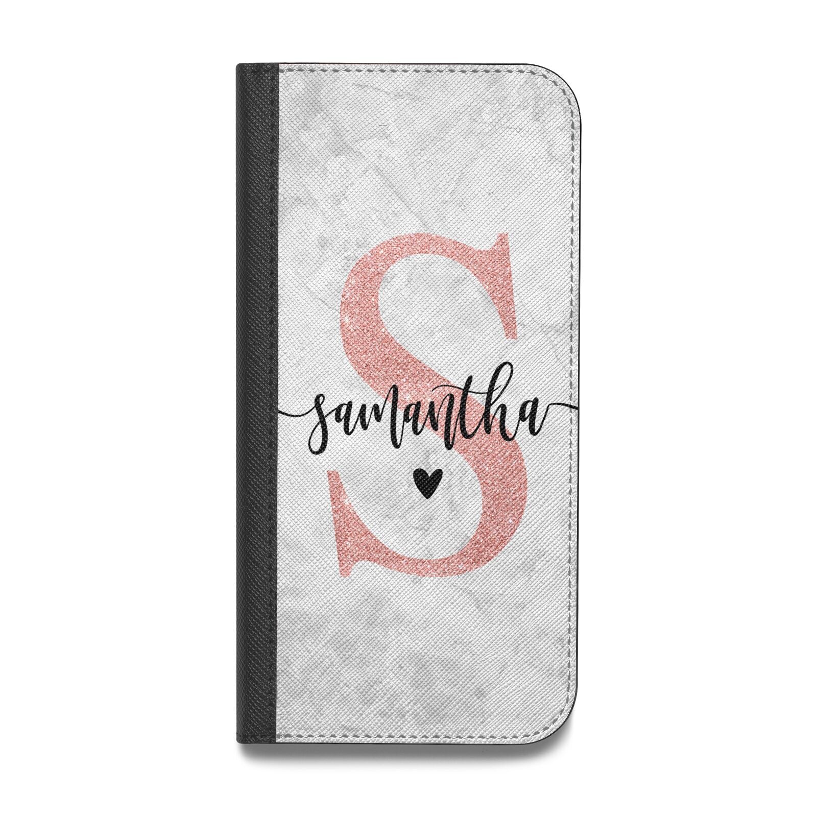 Grey Marble Personalised Pink Glitter Initial Vegan Leather Flip Samsung Case