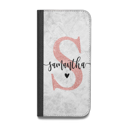 Grey Marble Personalised Pink Glitter Initial Vegan Leather Flip Samsung Case
