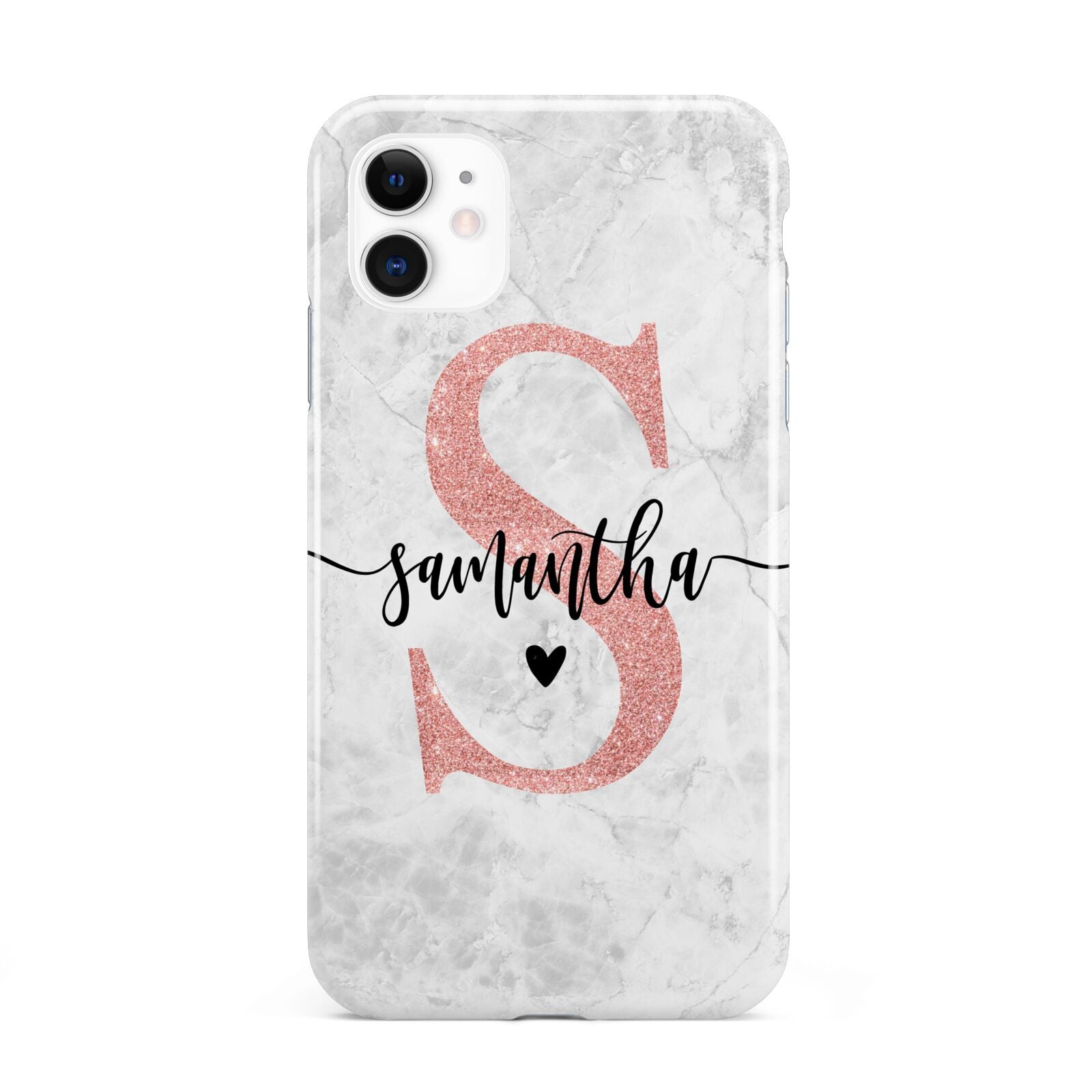 Grey Marble Personalised Pink Glitter Initial iPhone 11 3D Tough Case