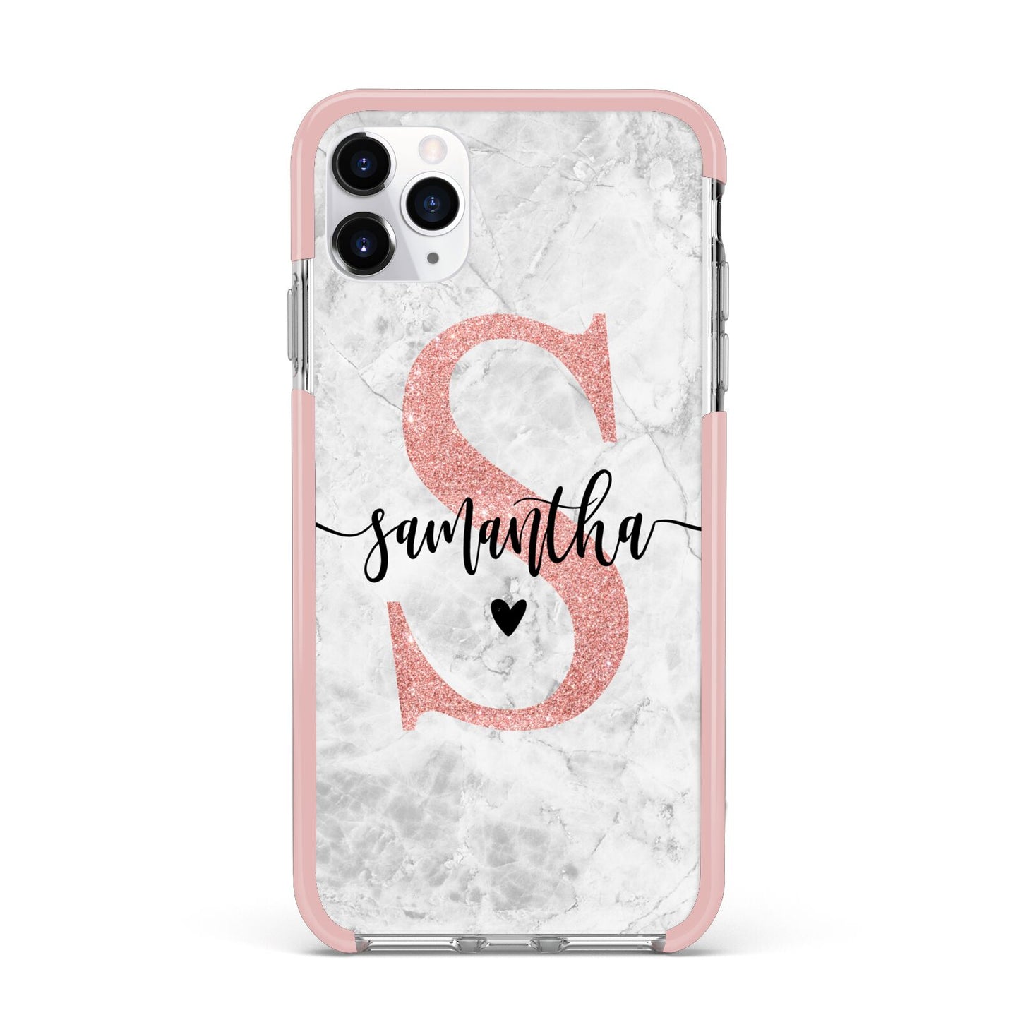 Grey Marble Personalised Pink Glitter Initial iPhone 11 Pro Max Impact Pink Edge Case