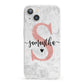 Grey Marble Personalised Pink Glitter Initial iPhone 13 Clear Bumper Case