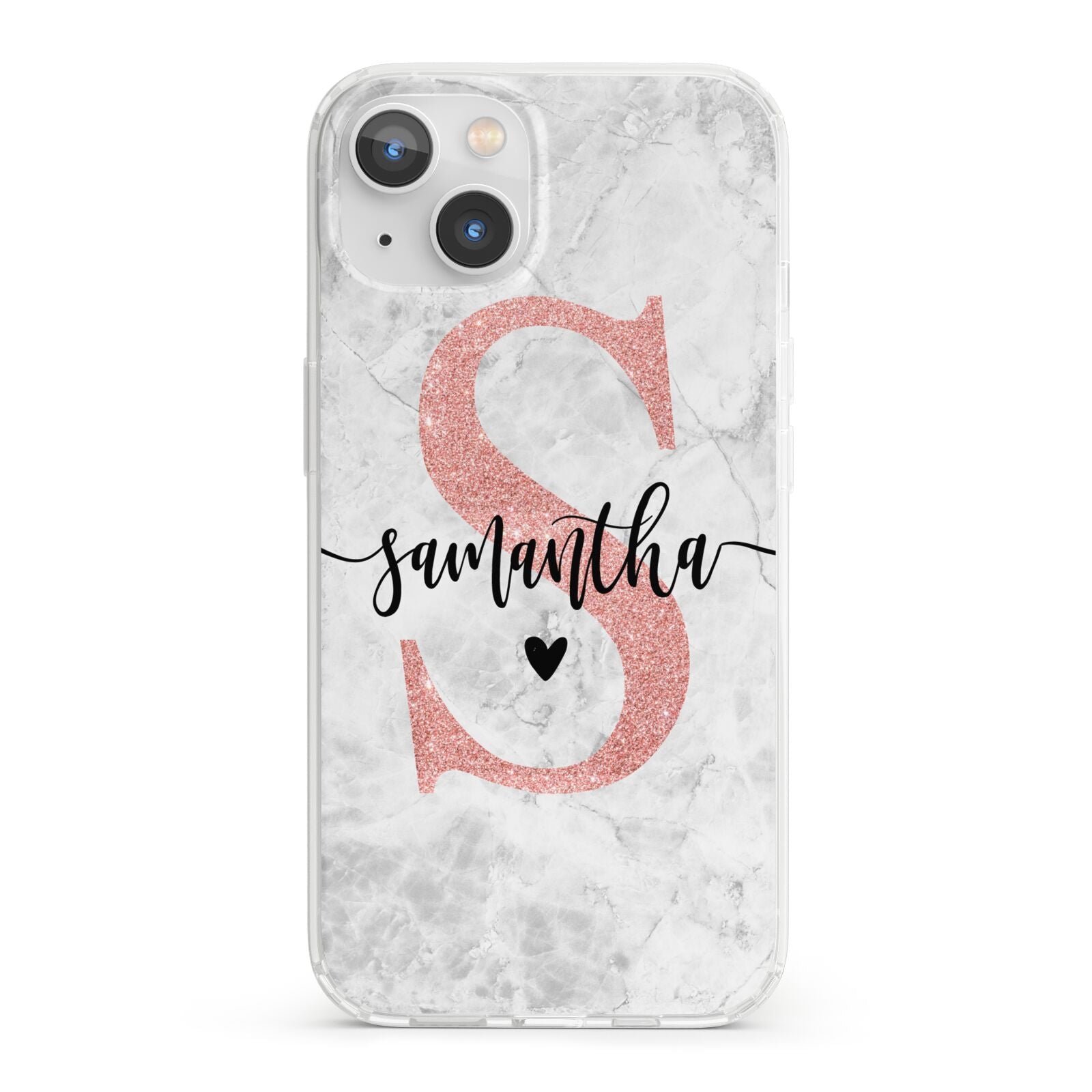Grey Marble Personalised Pink Glitter Initial iPhone 13 Clear Bumper Case
