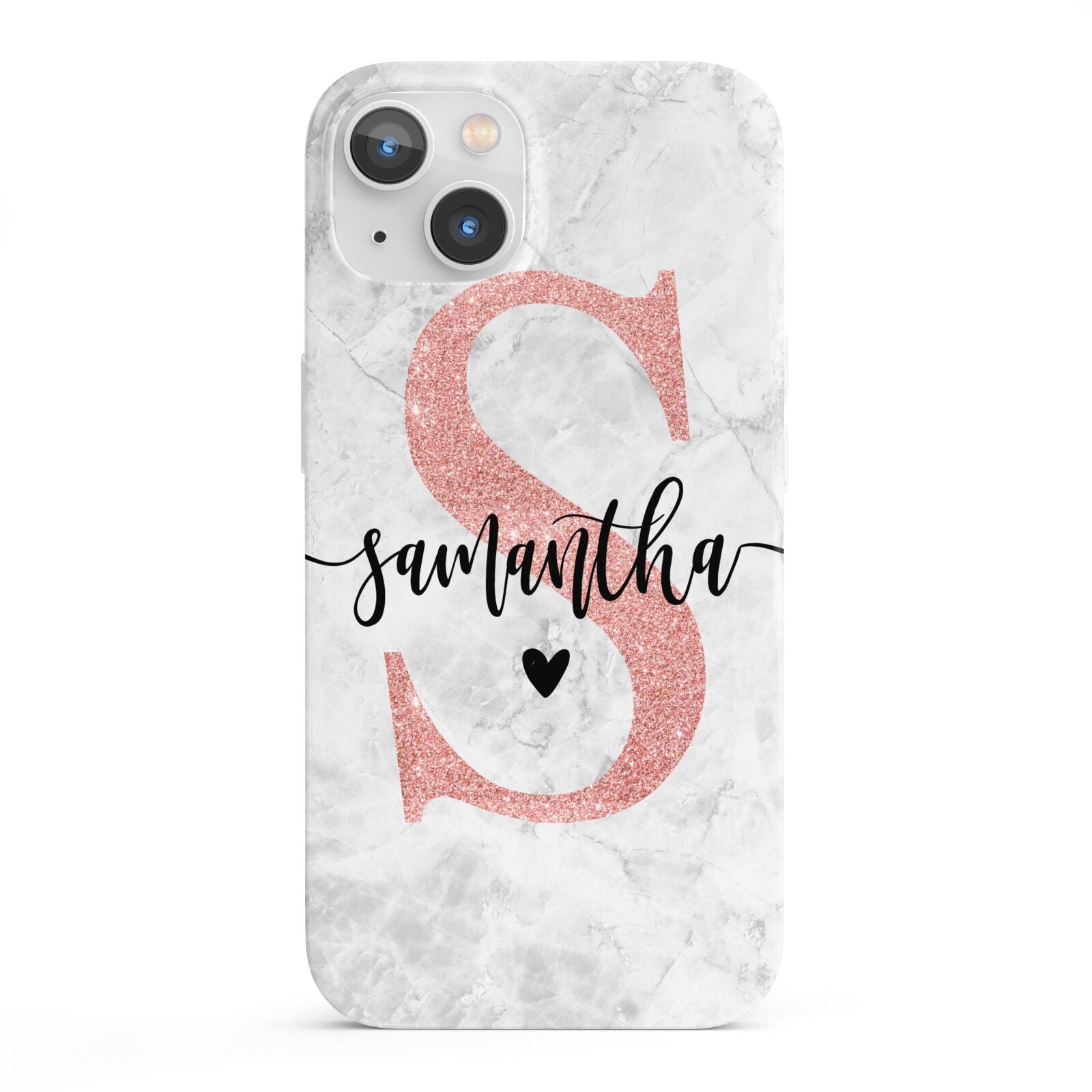Grey Marble Personalised Pink Glitter Initial iPhone 13 Full Wrap 3D Snap Case