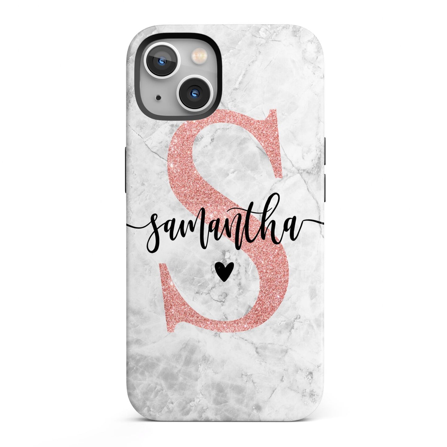 Grey Marble Personalised Pink Glitter Initial iPhone 13 Full Wrap 3D Tough Case