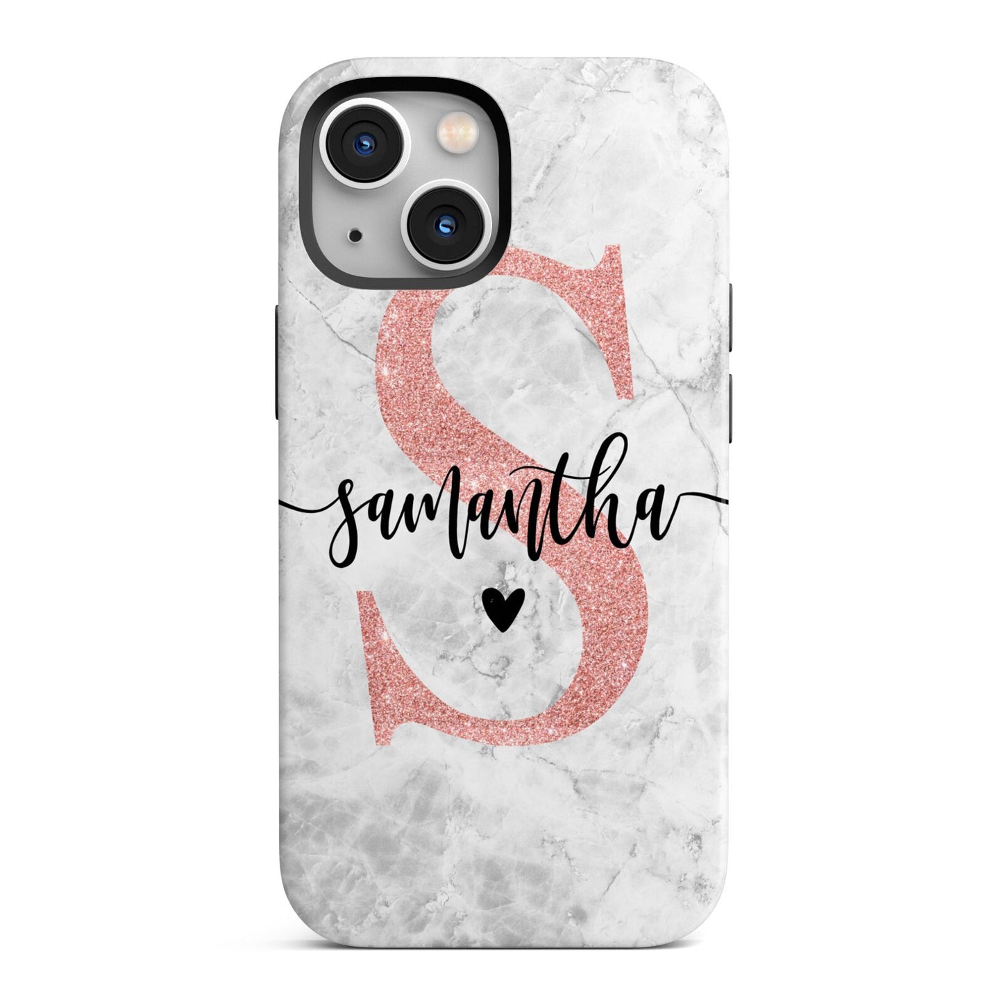 Grey Marble Personalised Pink Glitter Initial iPhone 13 Mini Full Wrap 3D Tough Case