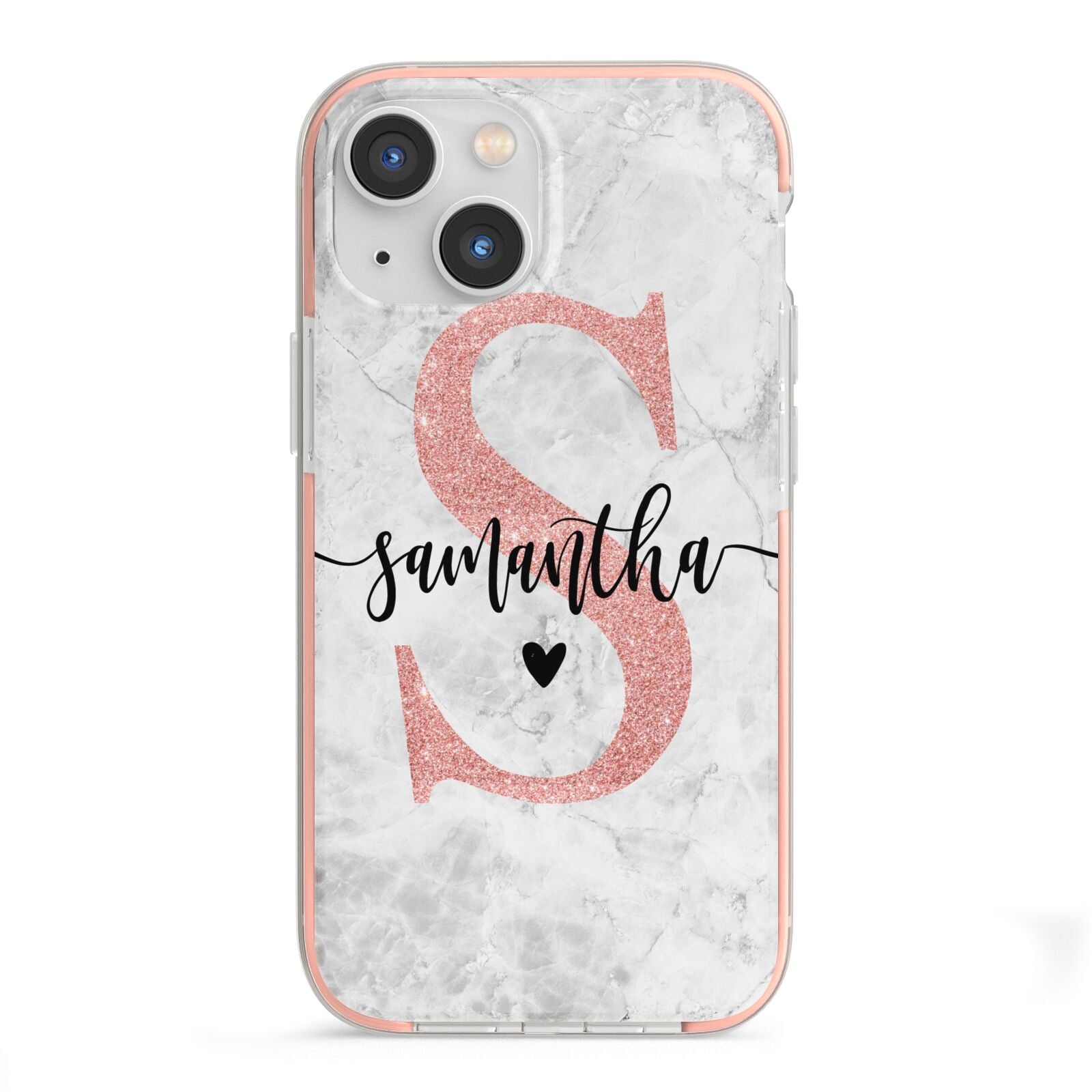Grey Marble Personalised Pink Glitter Initial iPhone 13 Mini TPU Impact Case with Pink Edges
