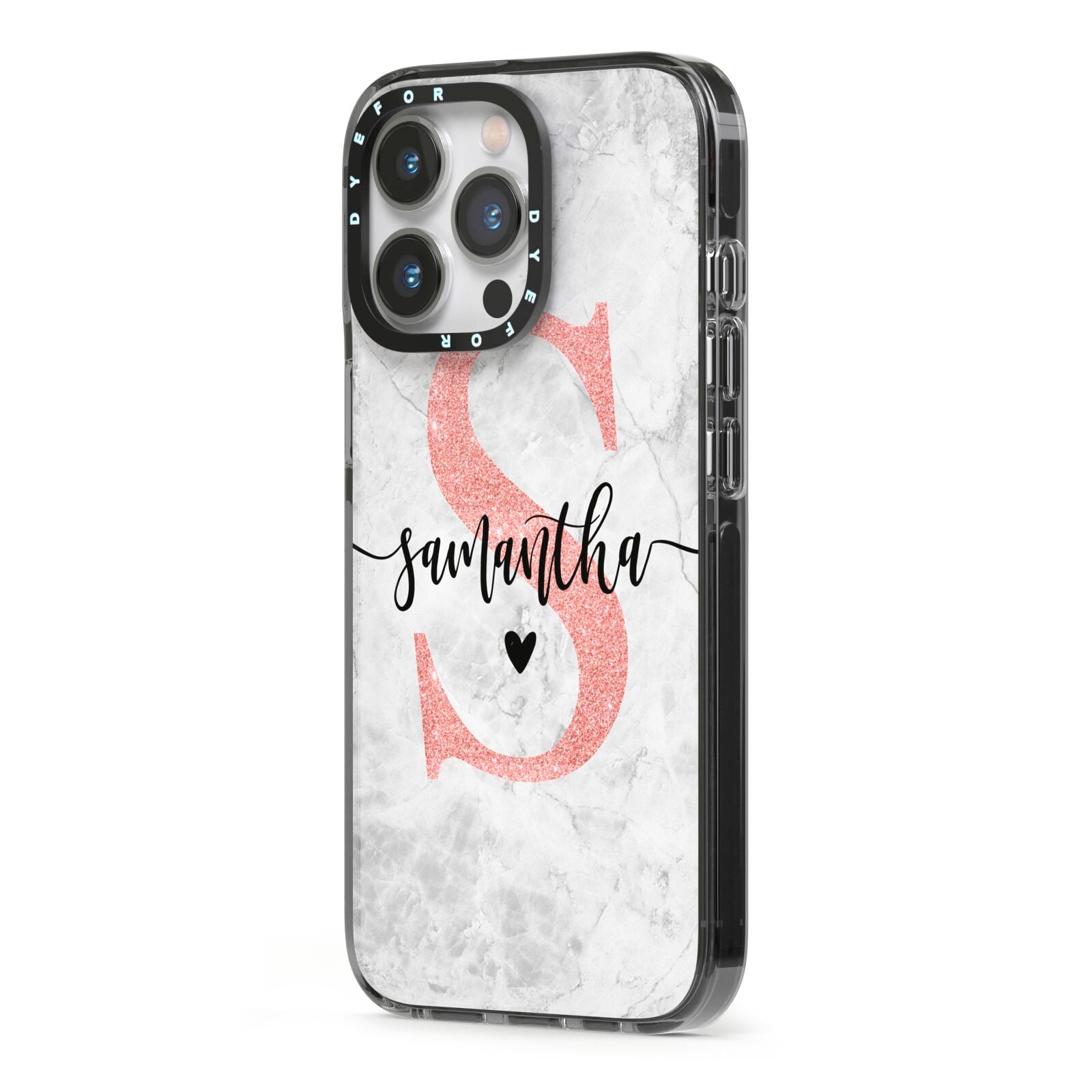 Grey Marble Personalised Pink Glitter Initial iPhone 13 Pro Black Impact Case Side Angle on Silver phone
