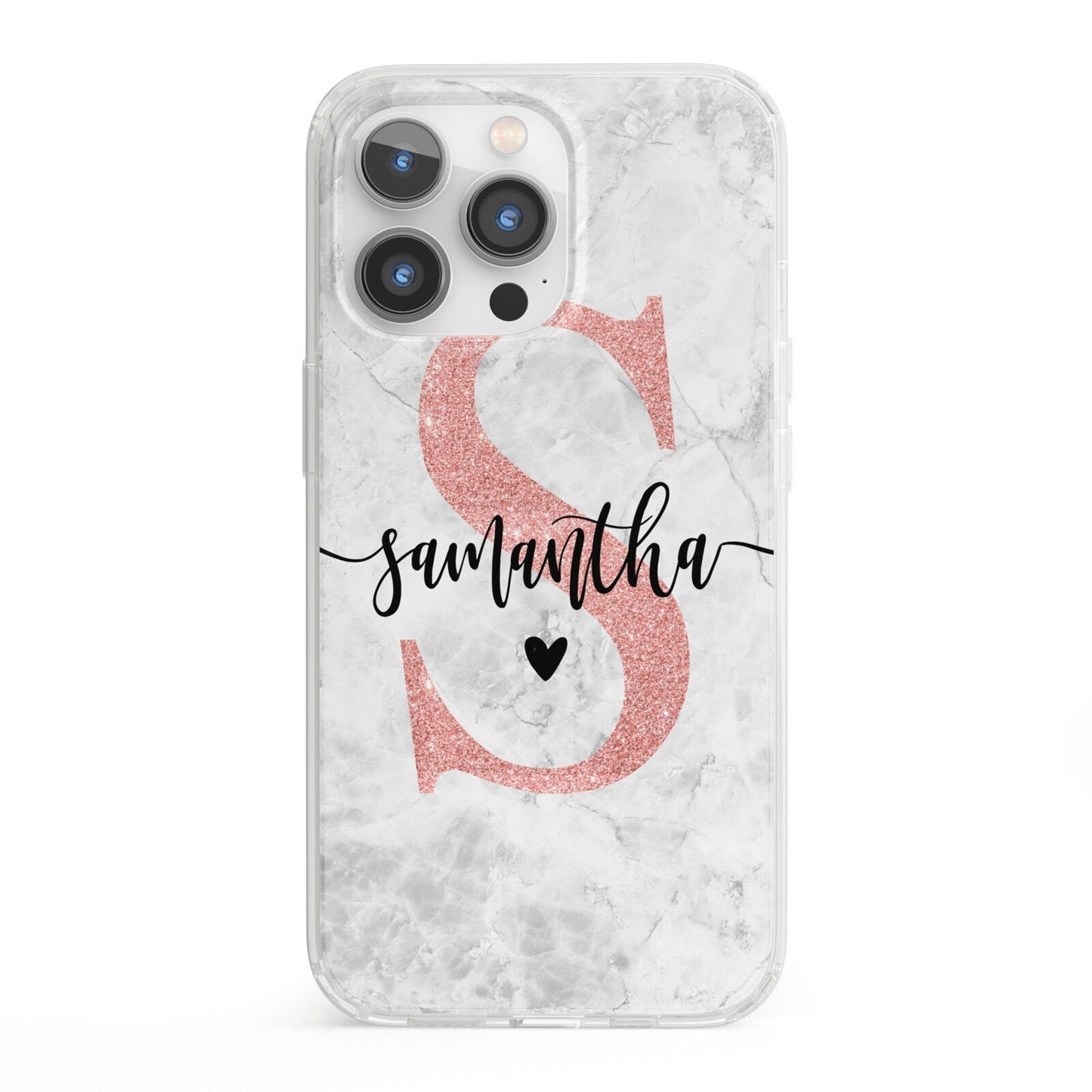 Grey Marble Personalised Pink Glitter Initial iPhone 13 Pro Clear Bumper Case