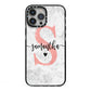 Grey Marble Personalised Pink Glitter Initial iPhone 13 Pro Max Black Impact Case on Silver phone