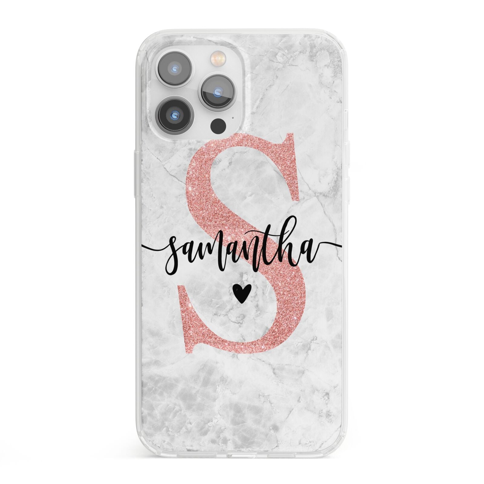 Grey Marble Personalised Pink Glitter Initial iPhone 13 Pro Max Clear Bumper Case