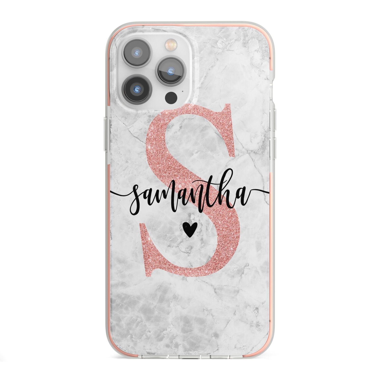 Grey Marble Personalised Pink Glitter Initial iPhone 13 Pro Max TPU Impact Case with Pink Edges