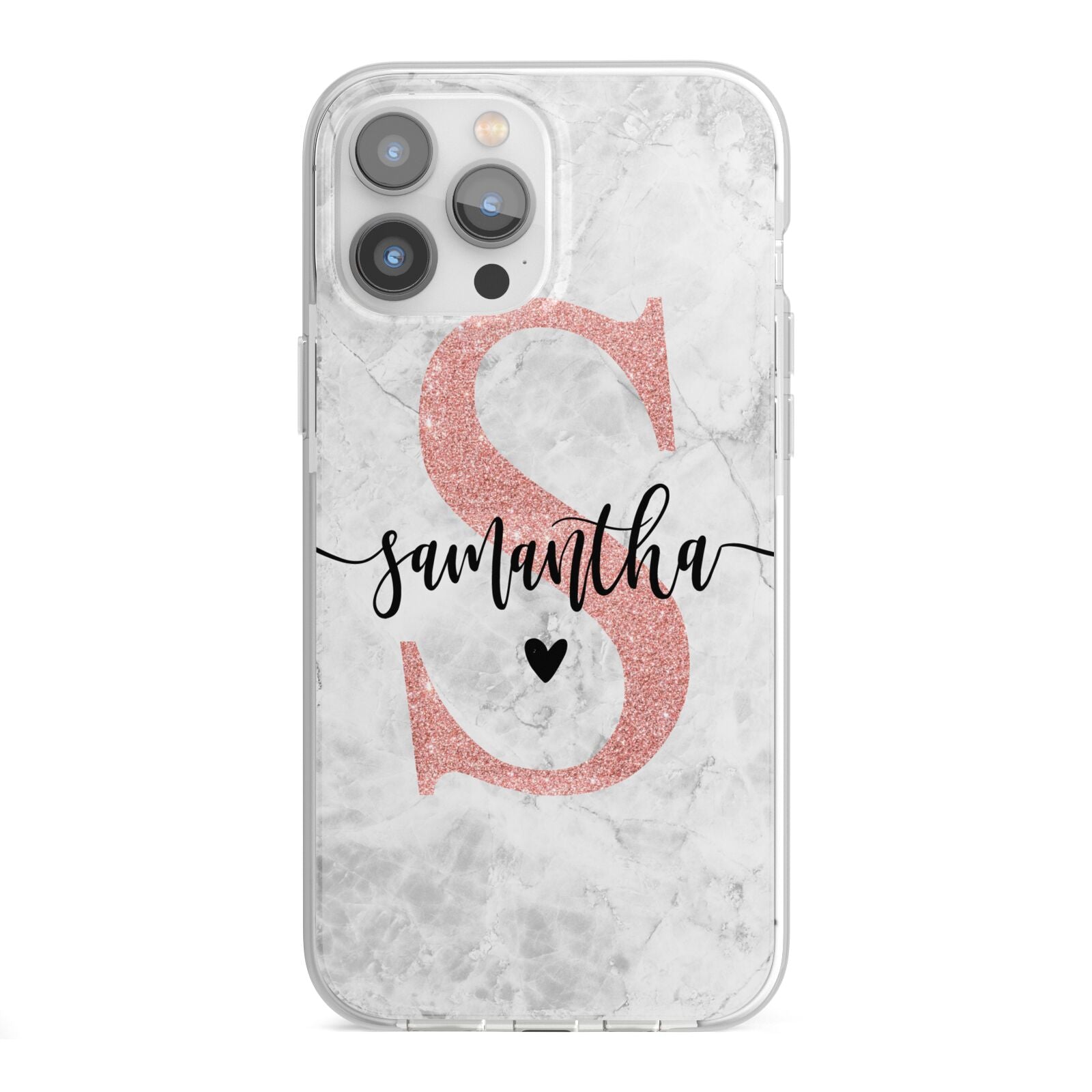 Grey Marble Personalised Pink Glitter Initial iPhone 13 Pro Max TPU Impact Case with White Edges