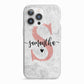 Grey Marble Personalised Pink Glitter Initial iPhone 13 Pro TPU Impact Case with White Edges