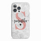 Grey Marble Personalised Pink Glitter Initial iPhone 13 Pro TPU Impact Case with White Edges