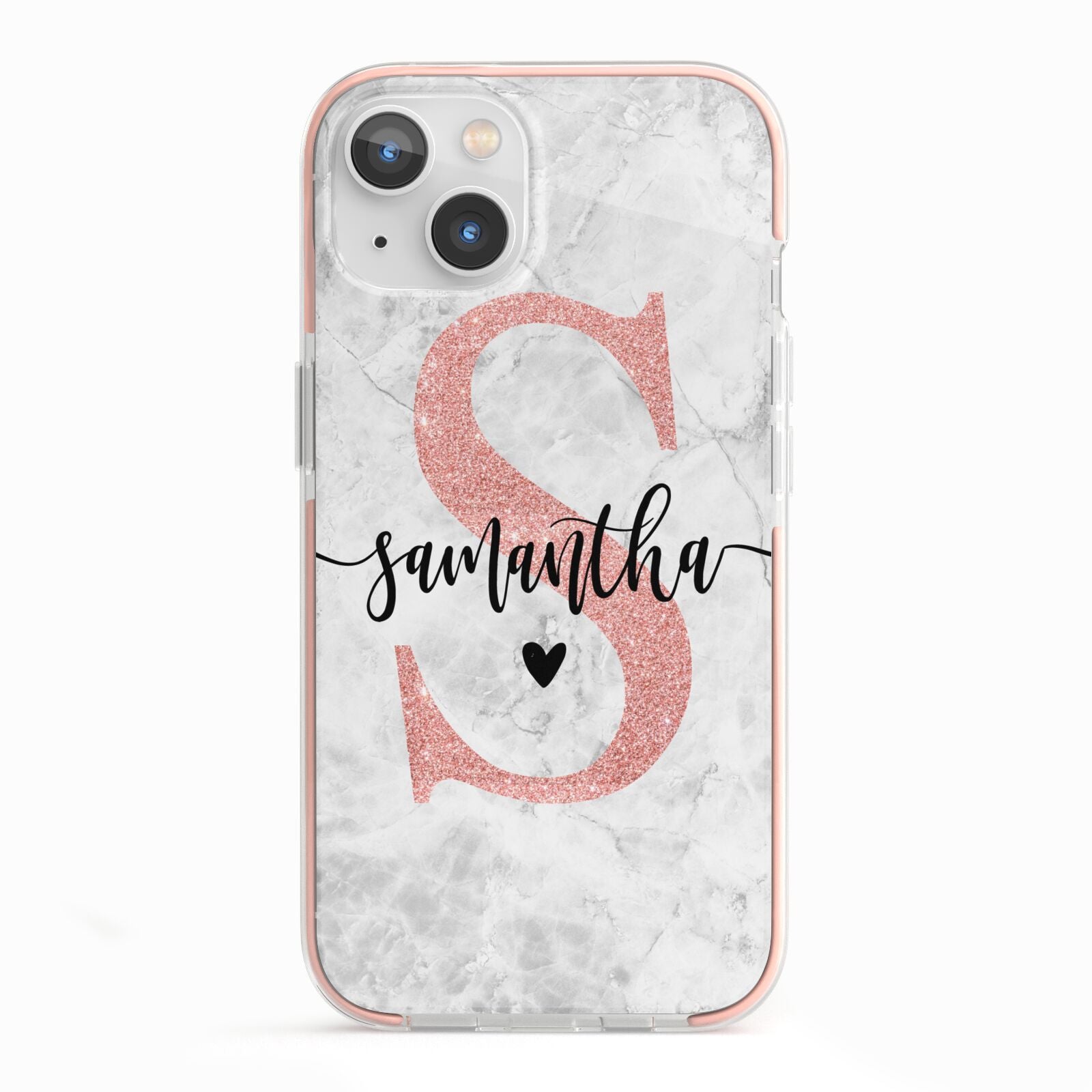 Grey Marble Personalised Pink Glitter Initial iPhone 13 TPU Impact Case with Pink Edges
