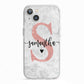 Grey Marble Personalised Pink Glitter Initial iPhone 13 TPU Impact Case with White Edges