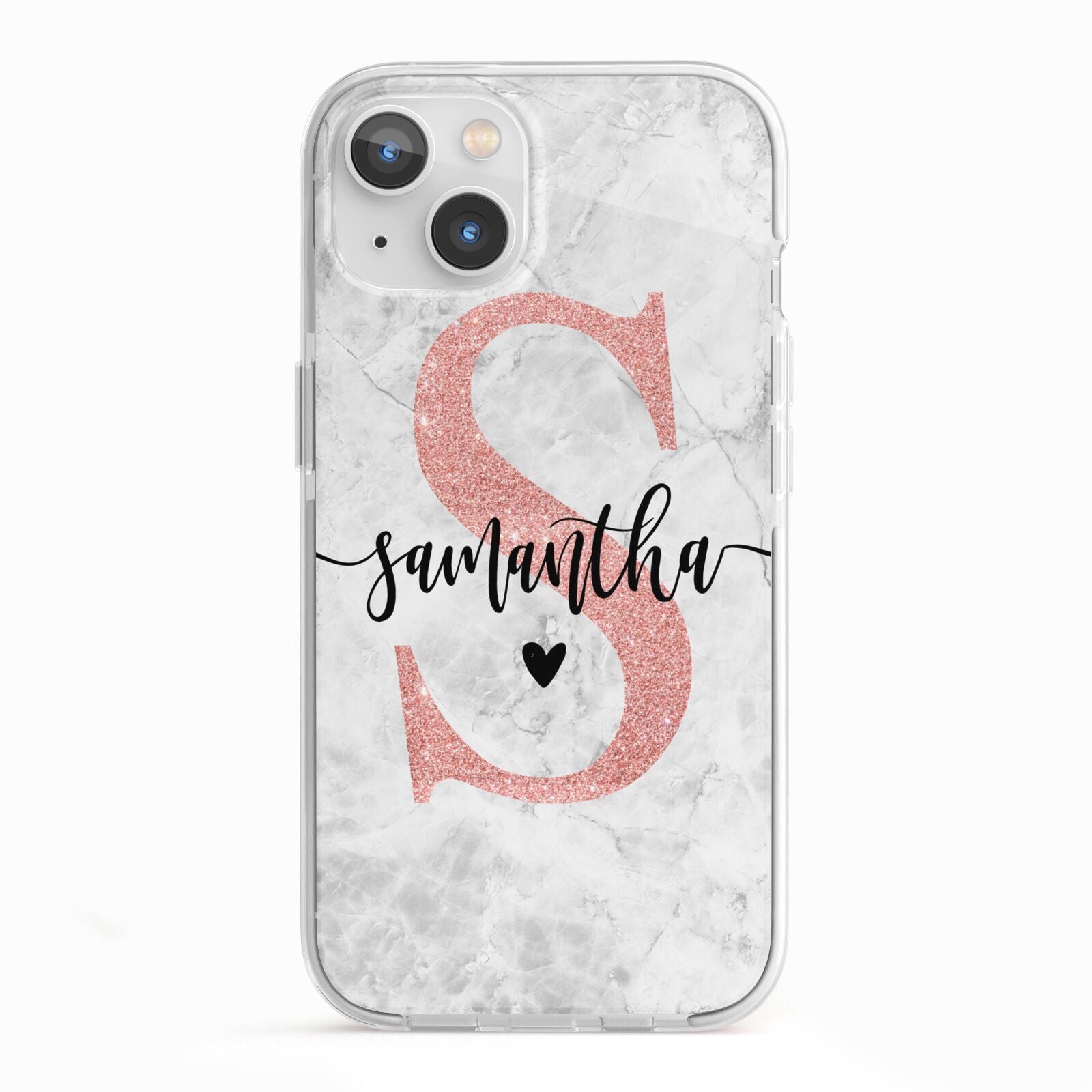 Grey Marble Personalised Pink Glitter Initial iPhone 13 TPU Impact Case with White Edges