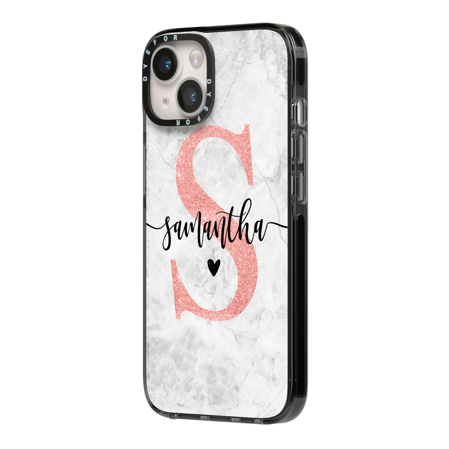Grey Marble Personalised Pink Glitter Initial iPhone 14 Black Impact Case Side Angle on Silver phone