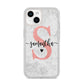 Grey Marble Personalised Pink Glitter Initial iPhone 14 Clear Tough Case Starlight