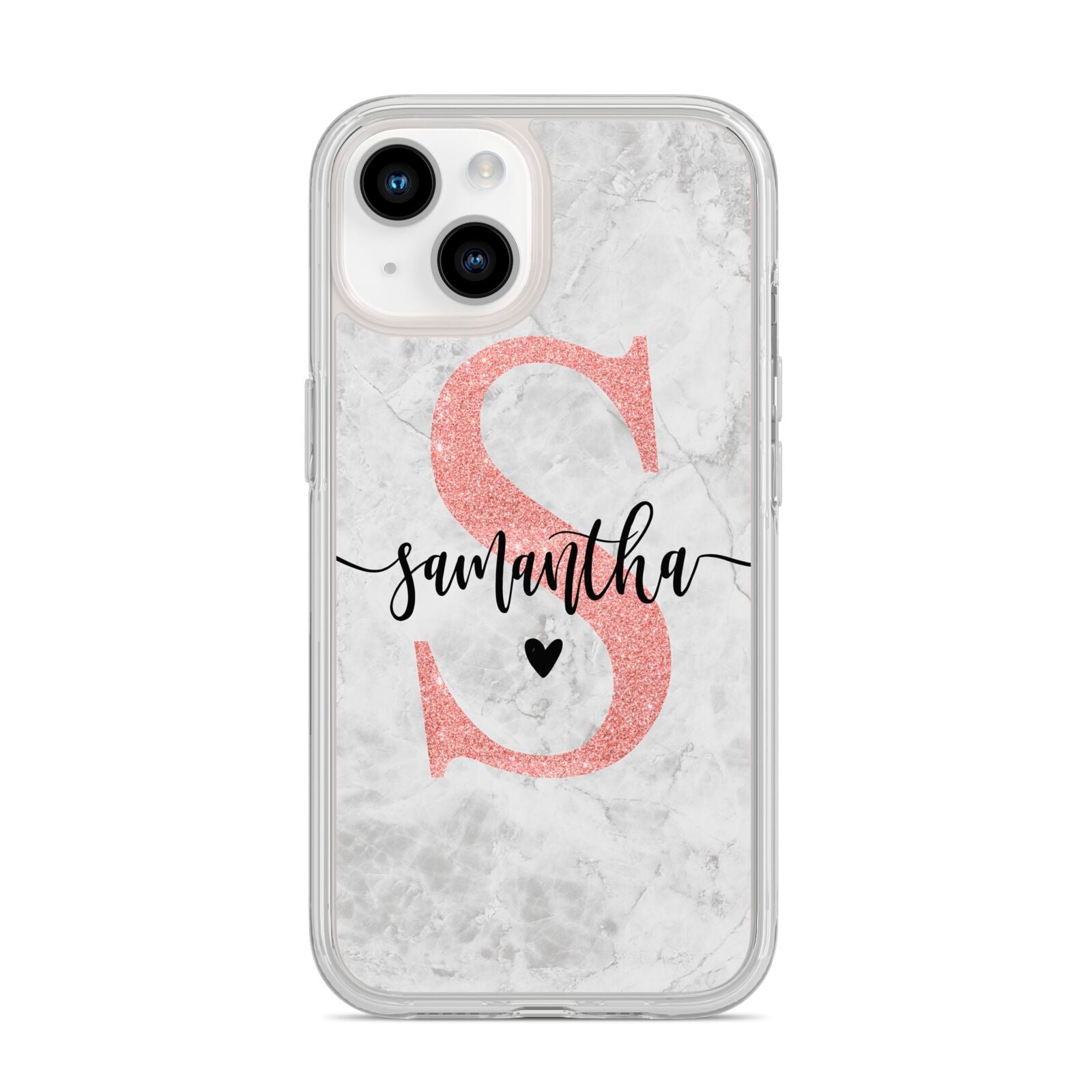 Grey Marble Personalised Pink Glitter Initial iPhone 14 Clear Tough Case Starlight