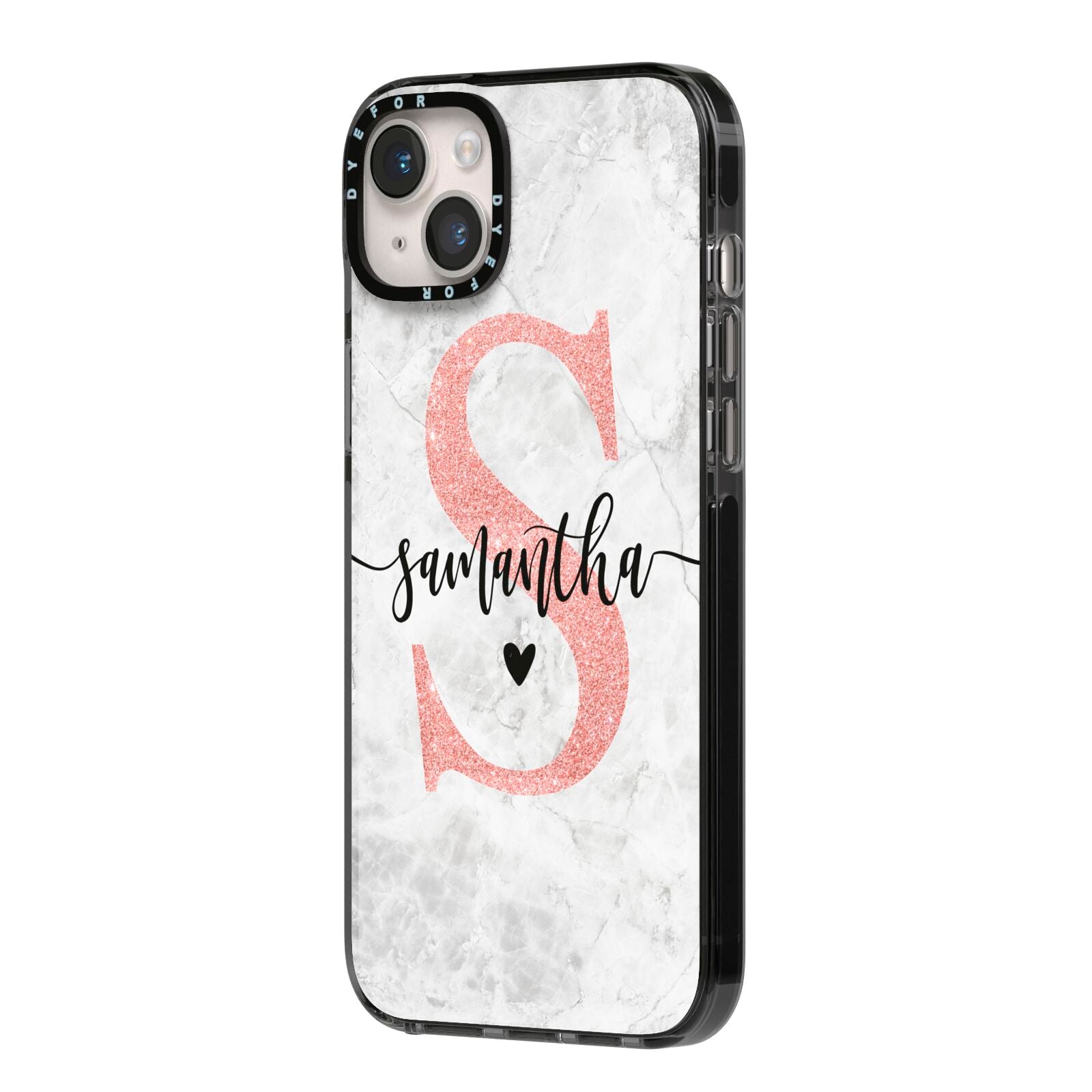 Grey Marble Personalised Pink Glitter Initial iPhone 14 Plus Black Impact Case Side Angle on Silver phone