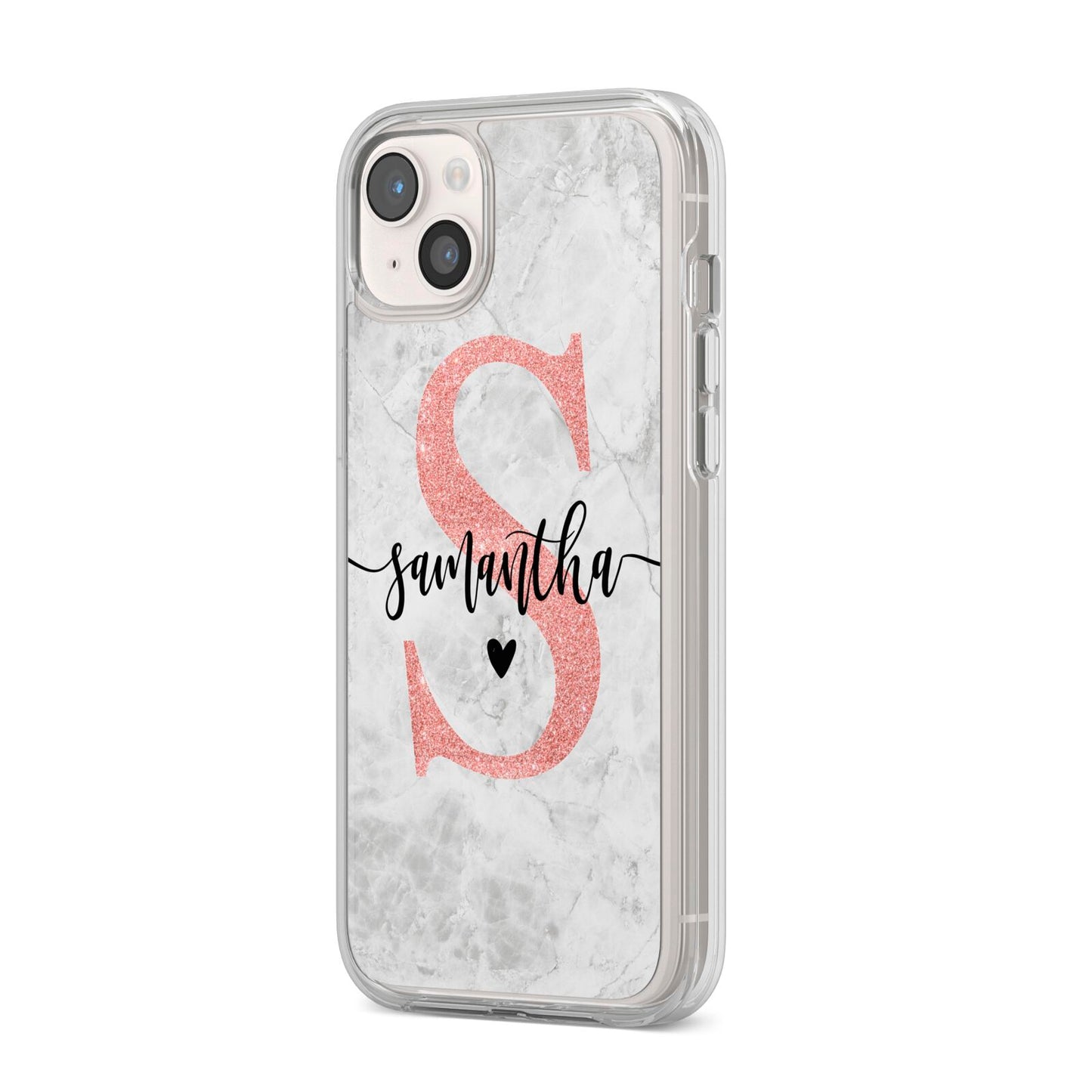 Grey Marble Personalised Pink Glitter Initial iPhone 14 Plus Clear Tough Case Starlight Angled Image