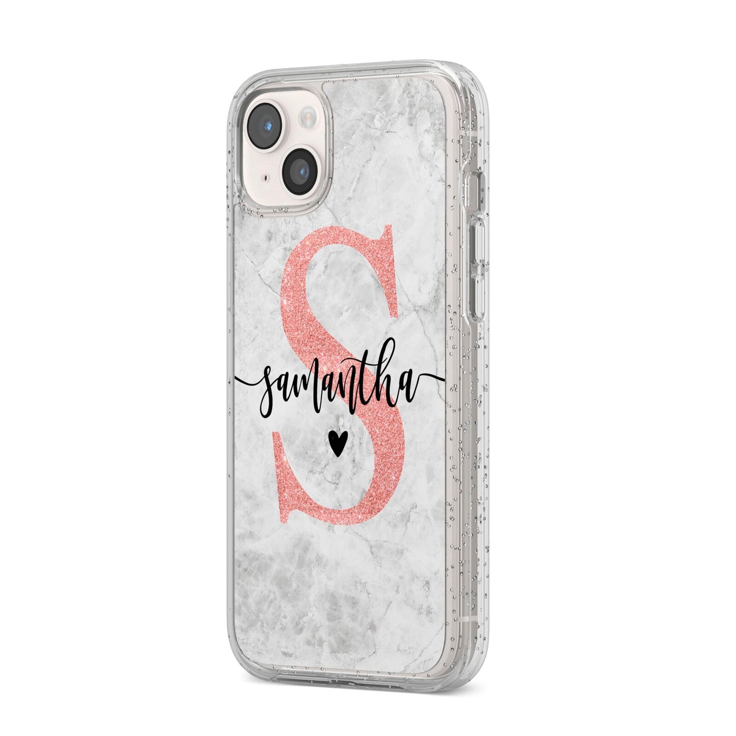 Grey Marble Personalised Pink Glitter Initial iPhone 14 Plus Glitter Tough Case Starlight Angled Image