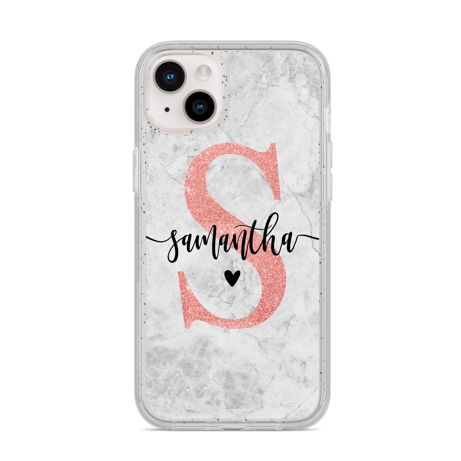 Grey Marble Personalised Pink Glitter Initial iPhone 14 Plus Glitter Tough Case Starlight