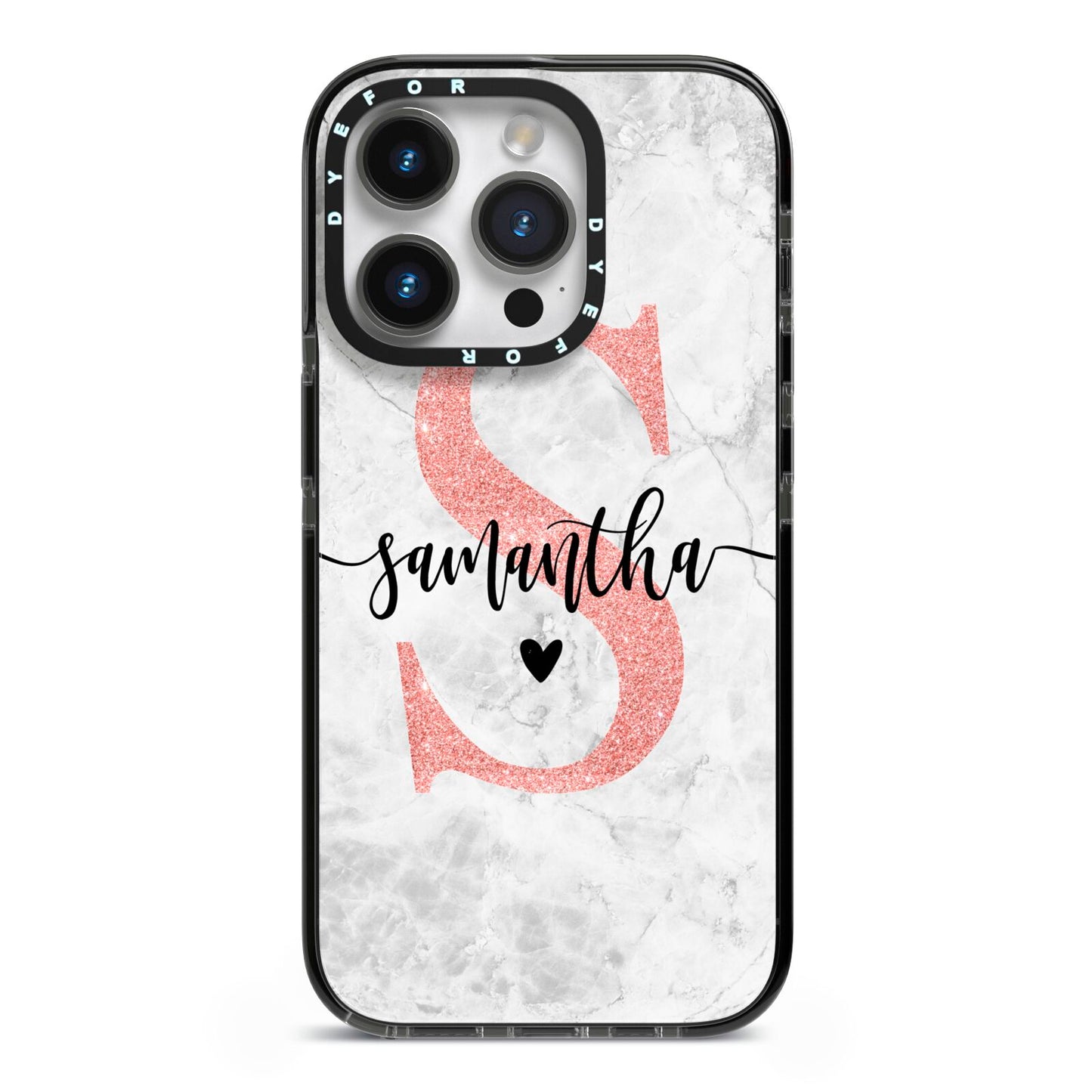 Grey Marble Personalised Pink Glitter Initial iPhone 14 Pro Black Impact Case on Silver phone