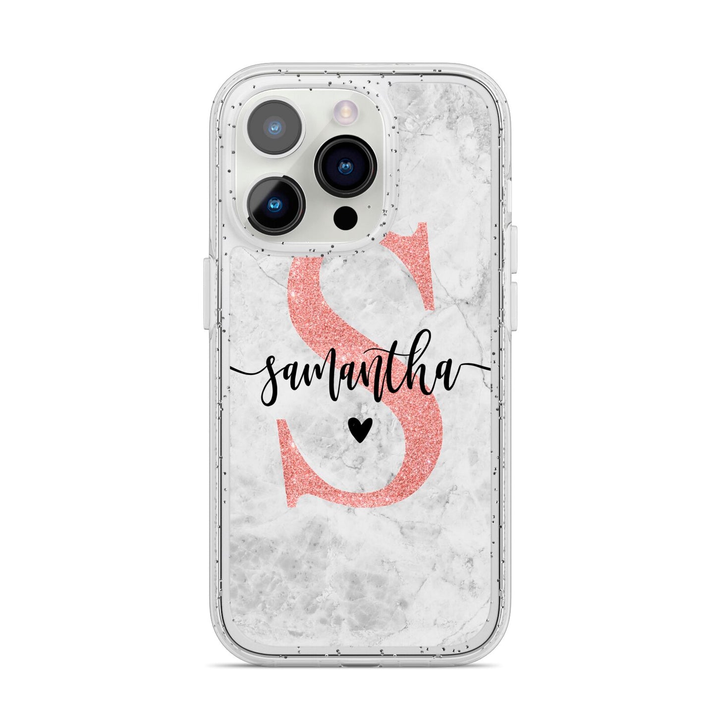 Grey Marble Personalised Pink Glitter Initial iPhone 14 Pro Glitter Tough Case Silver