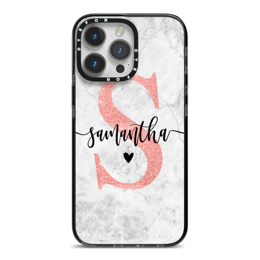 Grey Marble Personalised Pink Glitter Initial iPhone 14 Pro Max Black Impact Case on Silver phone