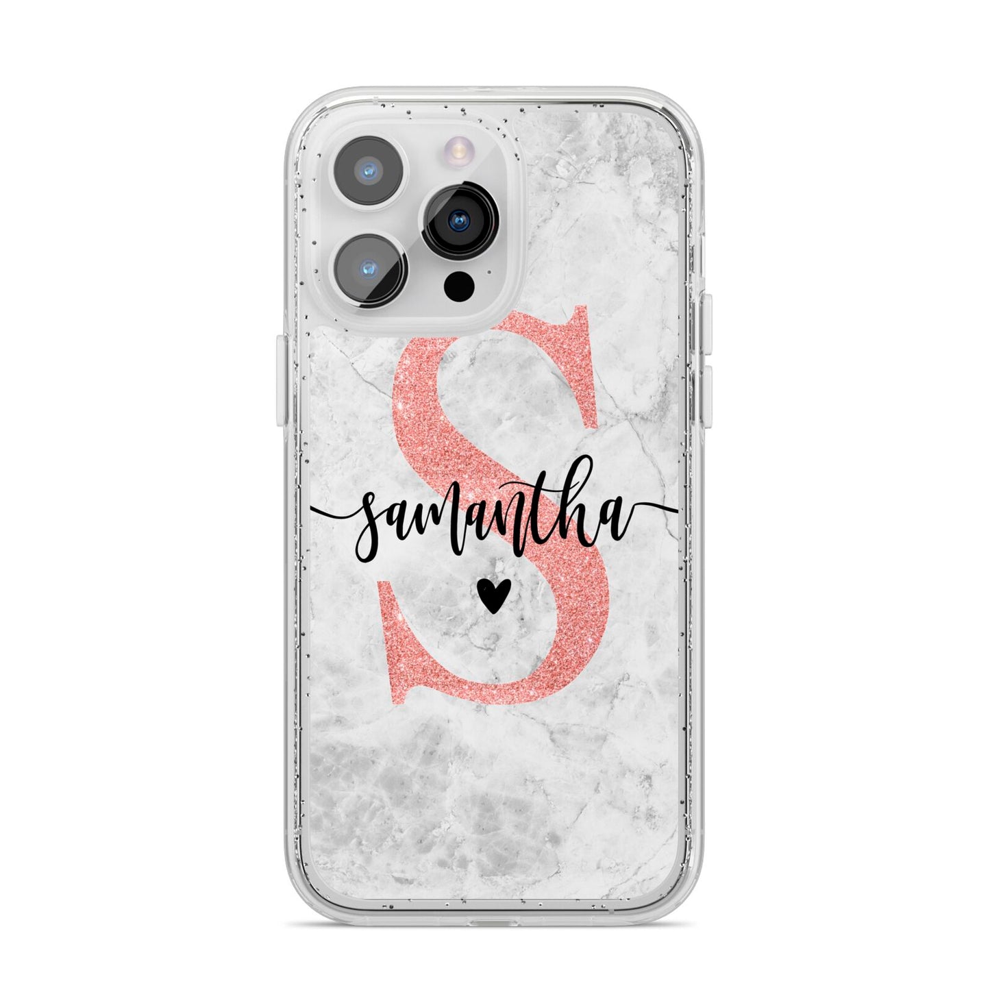 Grey Marble Personalised Pink Glitter Initial iPhone 14 Pro Max Glitter Tough Case Silver
