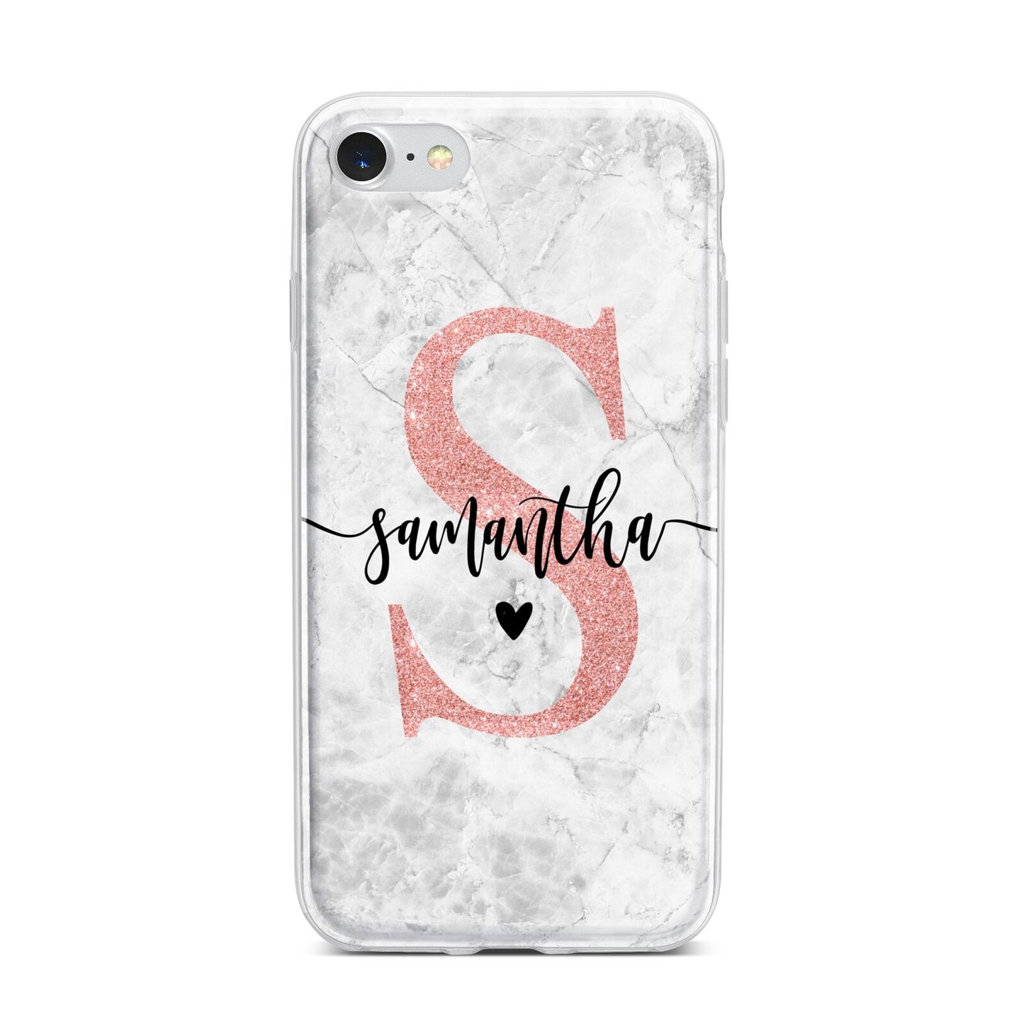Grey Marble Personalised Pink Glitter Initial iPhone 7 Bumper Case on Silver iPhone