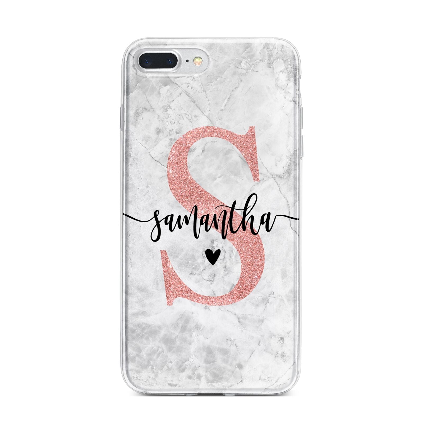 Grey Marble Personalised Pink Glitter Initial iPhone 7 Plus Bumper Case on Silver iPhone