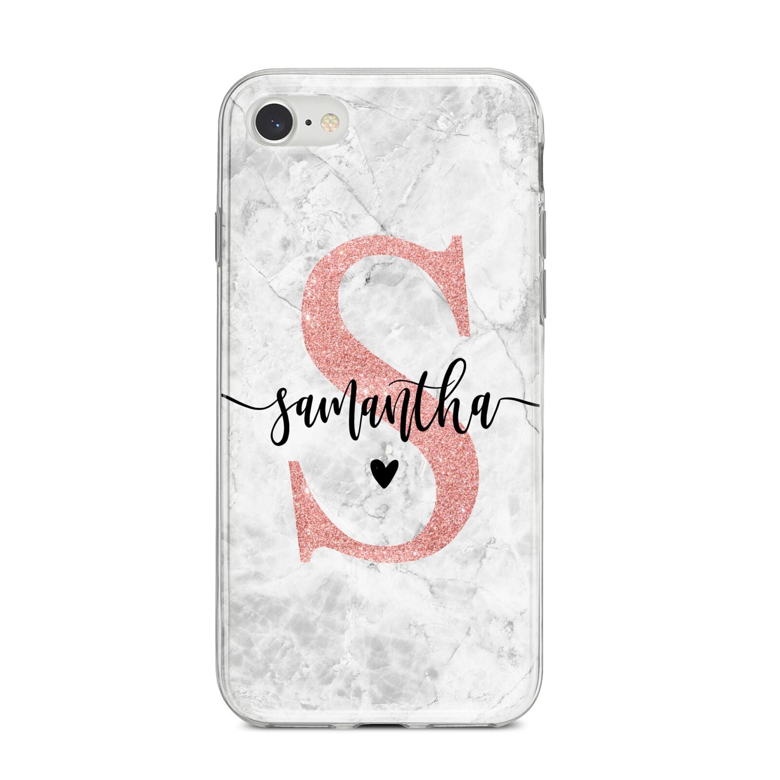 Grey Marble Personalised Pink Glitter Initial iPhone 8 Bumper Case on Silver iPhone