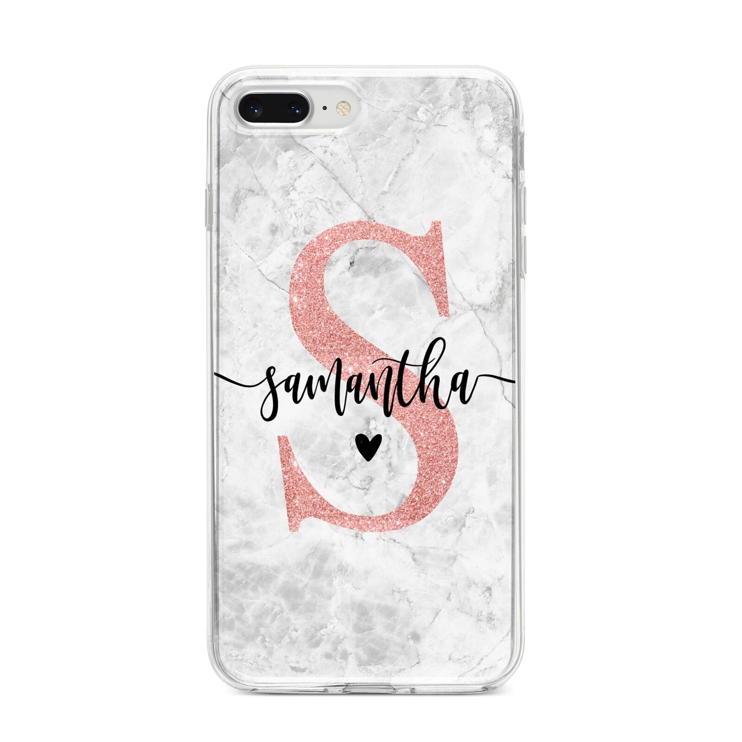 Grey Marble Personalised Pink Glitter Initial iPhone 8 Plus Bumper Case on Silver iPhone