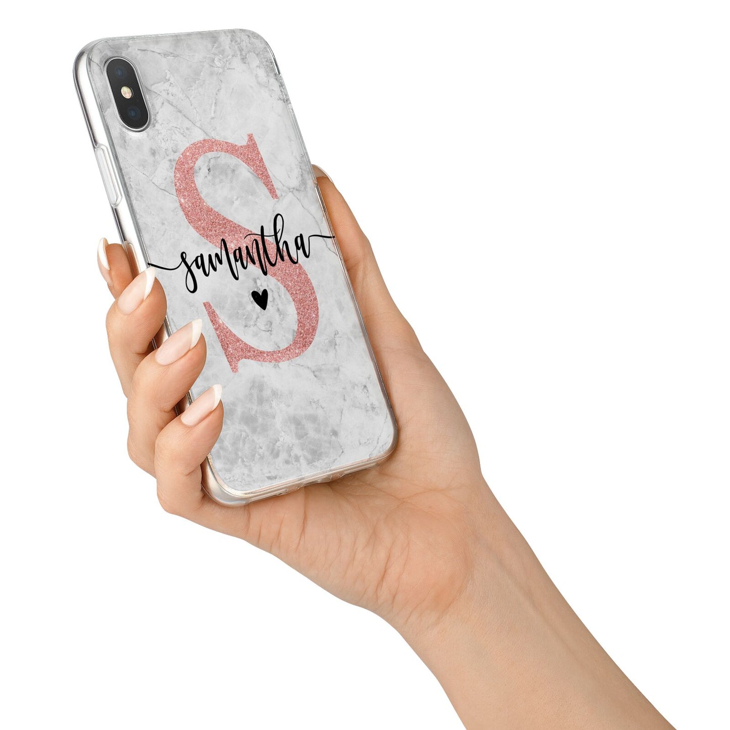 Grey Marble Personalised Pink Glitter Initial iPhone X Bumper Case on Silver iPhone Alternative Image 2