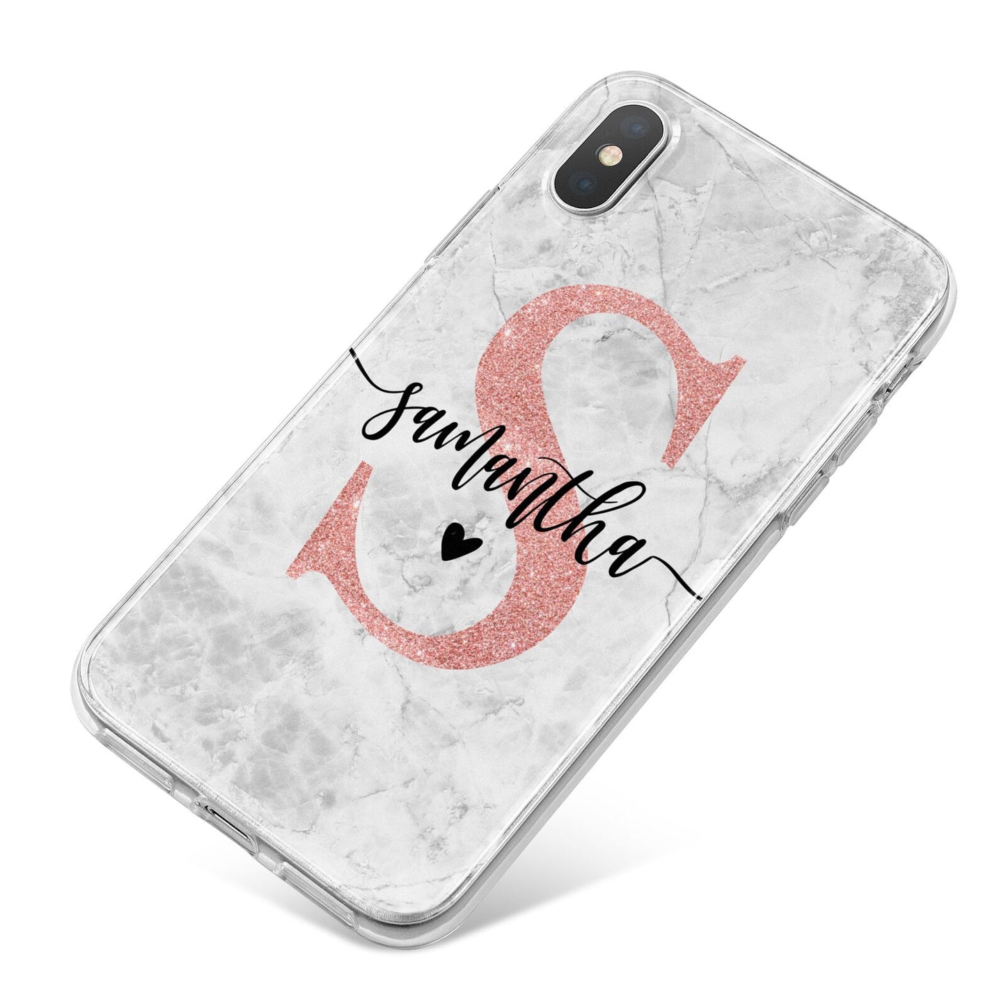 Grey Marble Personalised Pink Glitter Initial iPhone X Bumper Case on Silver iPhone